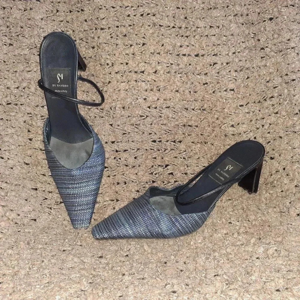 DI SANDRO-Slingback Mules-Blue/Gold Woven Fabric-Black Leather-Sz 38.5-Excellent